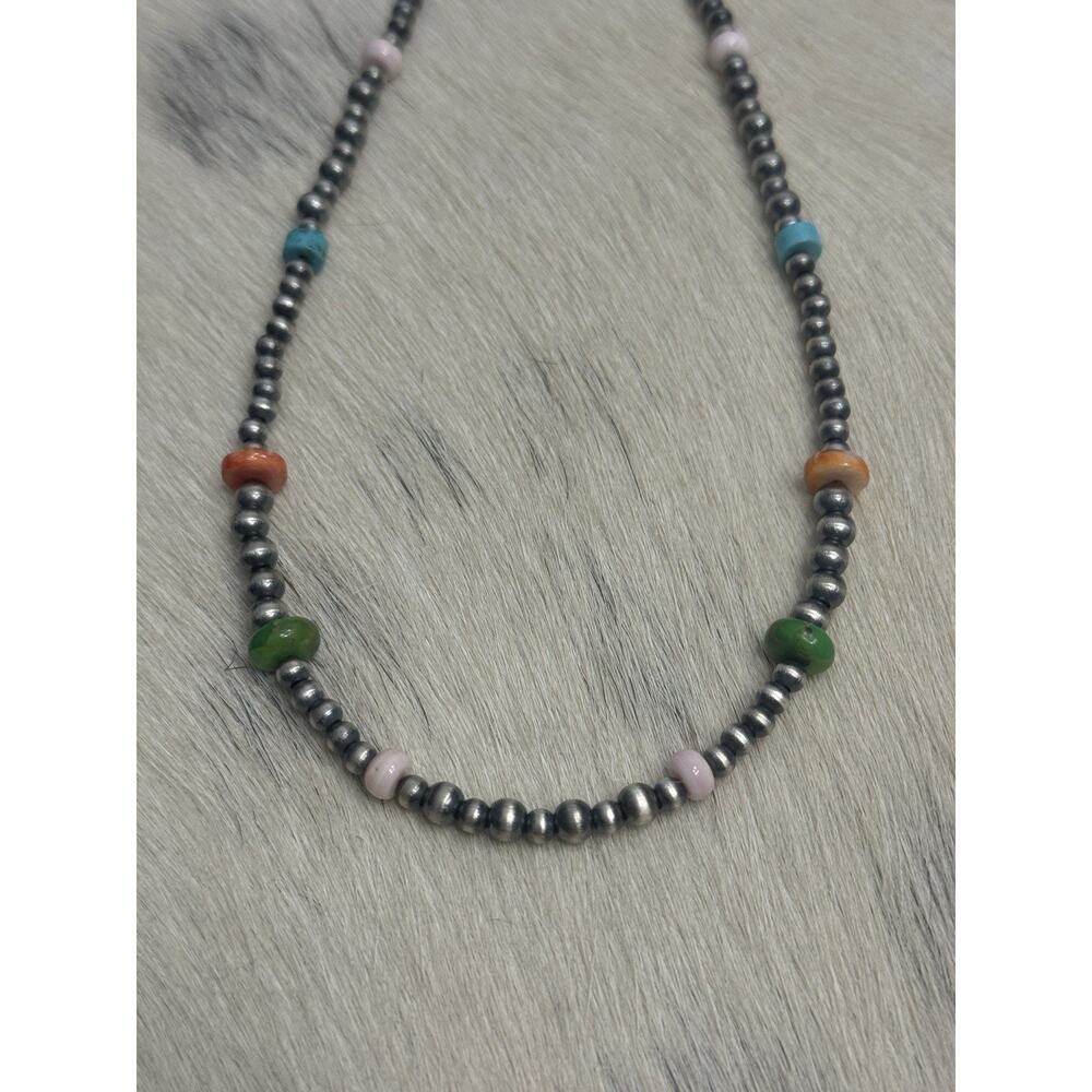 Native American Sterling Silver Pink Conch Turquoise Spiny Navajo Pearl Necklace - Picture 4 of 8